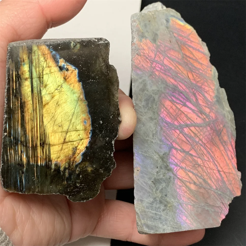 2PCS Sliced Raw Back Natural Pink Purple Light Labradorite Ornament Heart Soap Stone Orange Yellow Light Labrador Bead Specimen