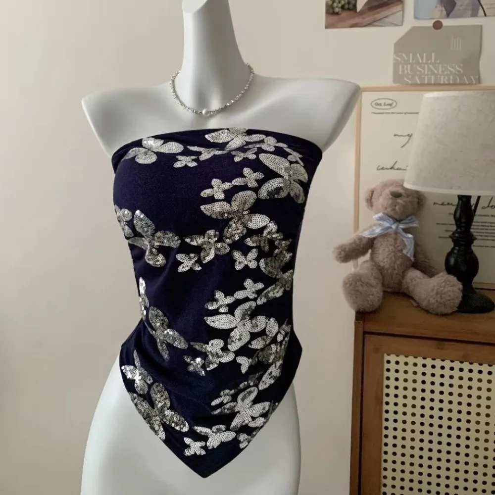 Sequin Butterfly Embroidery Strapless Tube Top Built-in Bra Slim Fit Sequin Crop Top Fixed Cup Design Breathable