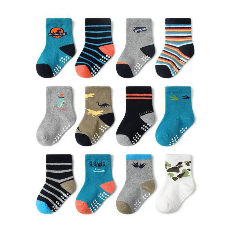 12 Pairs/Lot Baby Child Cotton Anti-slip Short Socks For Boys Girls Cute Printed Floor Kids Toddler Sock With Rubber Grips 0-7Y