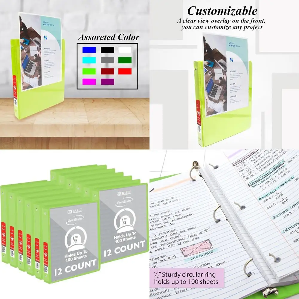 

Lime Green Economy Binder with Clear Overlay and Round Rings, 0.5 Capacity, Holds 100 Sheets, 12-Pack for School or Office