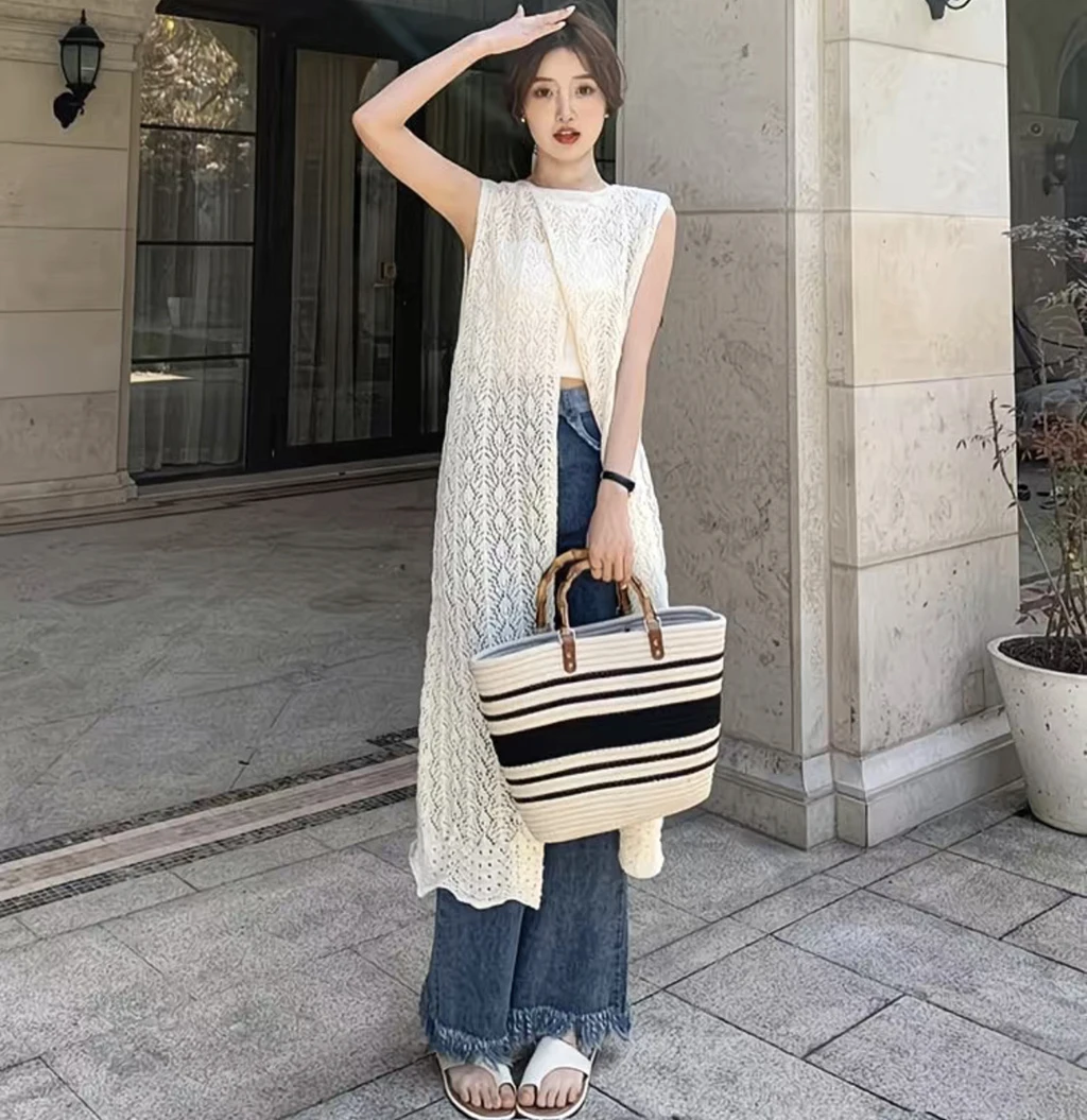 Boho Crochet Sleeveless Long Cardigan Women Summer Openwork Knit Vest Loose Maxi Kimono Cover Up Beachwear