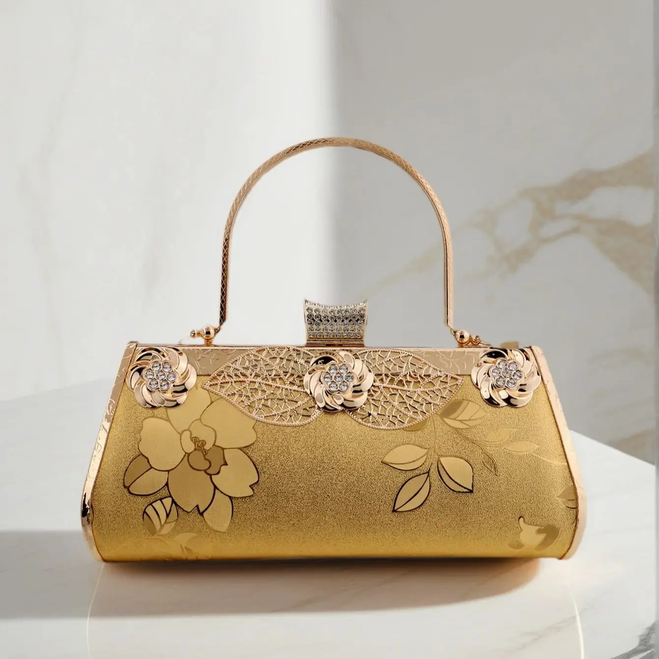 Golden Luxury Evening Bags With Printed Floral Vintage Party Handle Handbags Female Clutch Purse Printed Metal Luxury Handbags D