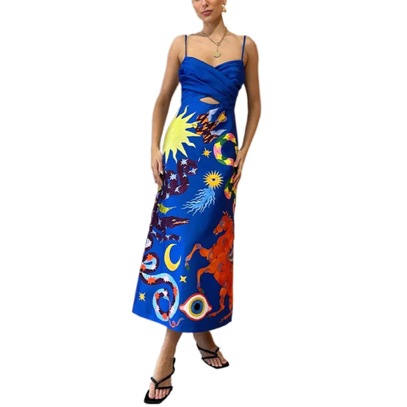 فستان صيفي مثير من الساتان موديل 2025 بدون أكمام مطبوع بدون ظهر للنساء