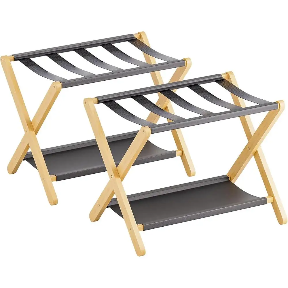 Folding Luggage Rack Set of 2 Bamboo Suitcase Stand with Storage Shelf Hotel Bedroom Closet Easy Assembly Durable Design