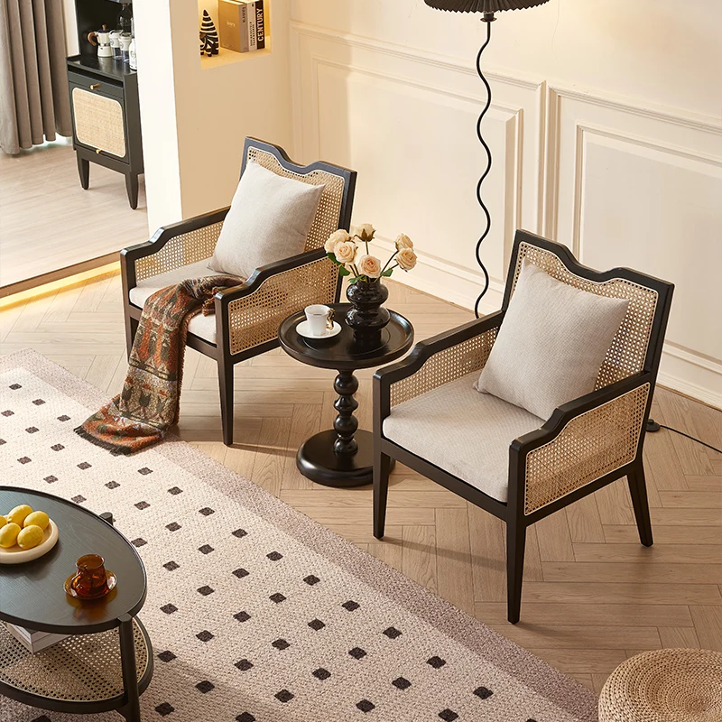Custom Modern Bohemian Solid Wood Natural Rattan Accent Dining Armchair with Upholstered Seat Black Frame for Living Room Hotel