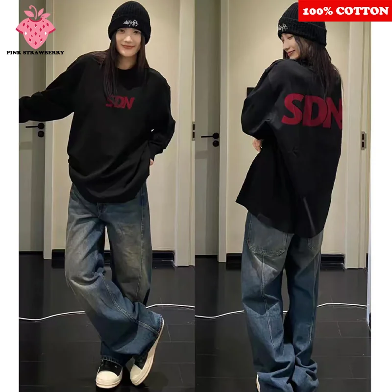 

American Street Letter Print T-shirt Women Autumn 2025 New 100% Cotton Black O-Neck Long sleeves T-shirt Y2k Top Ladies clothing