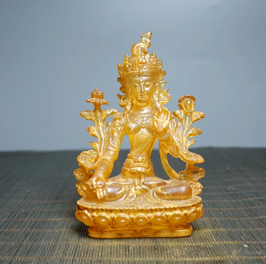 China Ancient Colored Glaze Golden Liuli Crystal Green Tara Buddha Statue Fengshui Home Decor Decoration Accessories Living Room