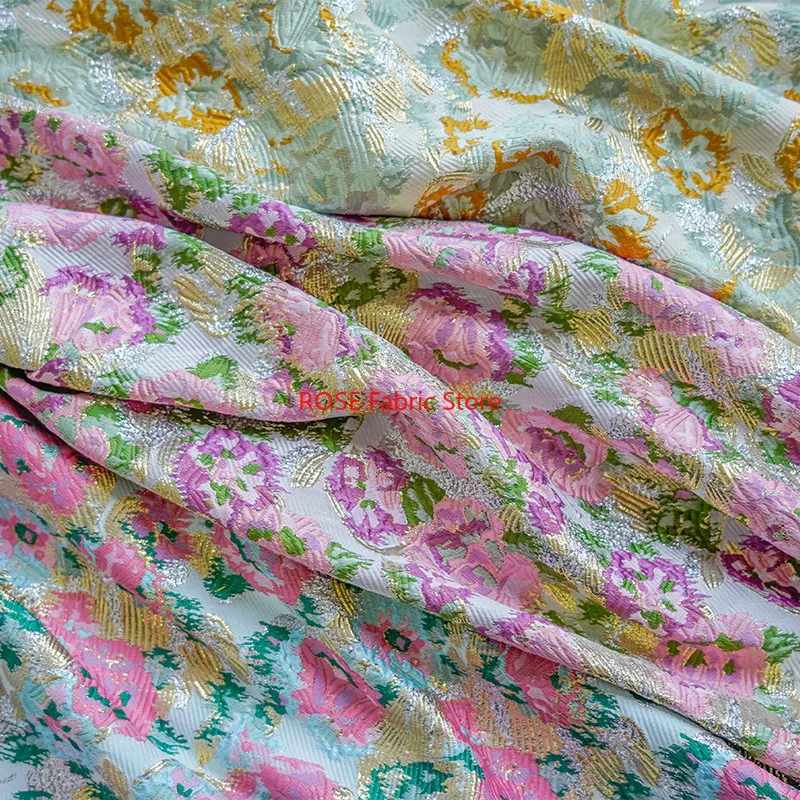 1 Meter Retro Golden Silk Large Flowers Yarn Dyed Fabric Women's Classic Jacquard Elegant Stiff Dress Making Fabric 50cmx150cm
