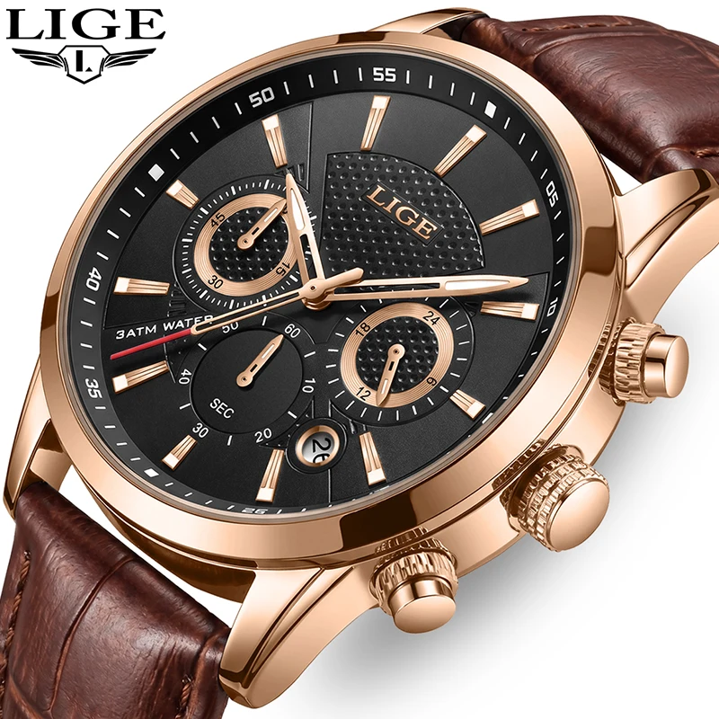 LIGE Luxury Watch Men Leather Sport Watches Men's Army Military Quartz Wristwatch Chronograph Male Clock Relogio Masculino+BOX