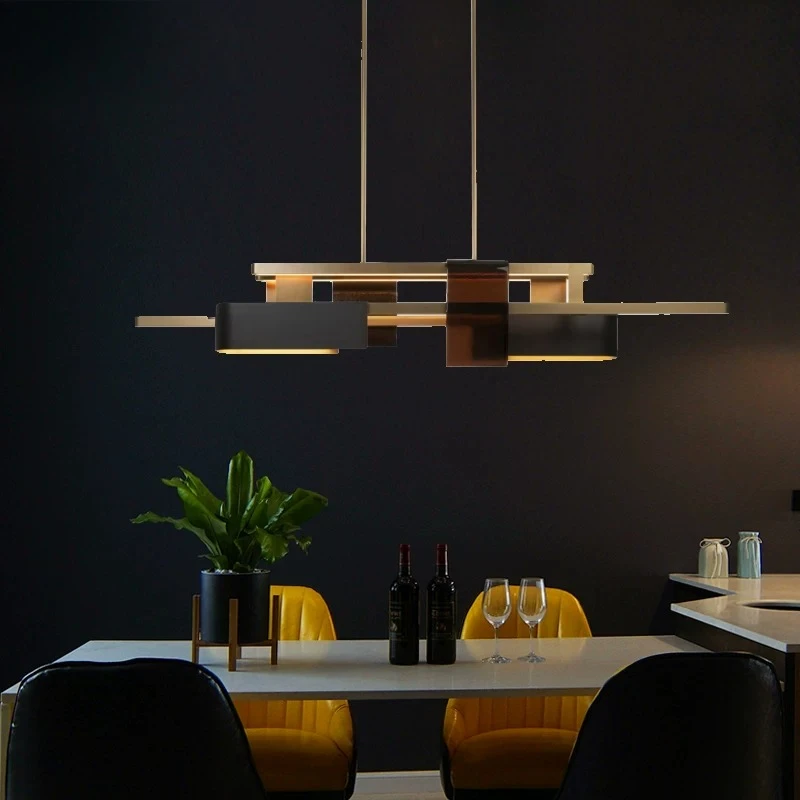 Modern Geometric Linear Chandelier Gold Black Tiered Pendant Light Abstract Overlapping Metal LED Hanging Lamp for Dining Room