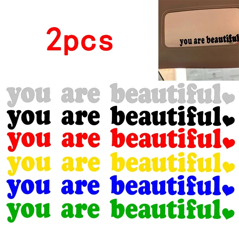 2pcs You Are Beautiful Reflective Car Stickers English Letter Stickers Rearview Mirror Sticker Waterproof Sticker Accessories