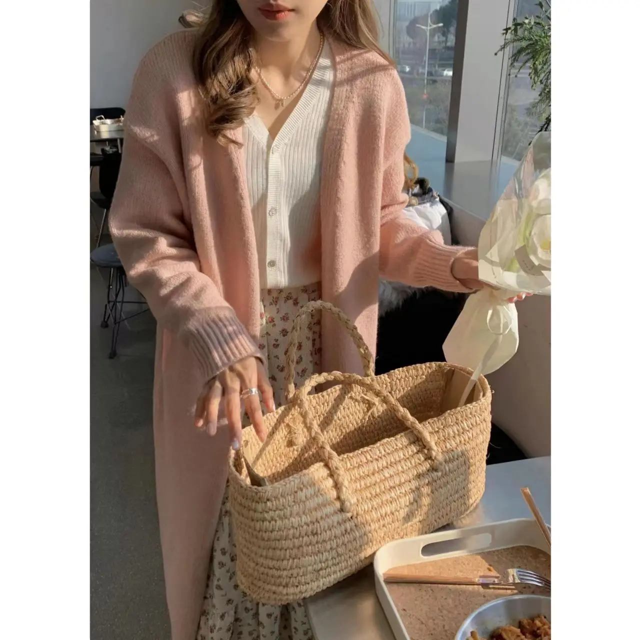 

Mid-Long Cardigans Retro Womens Spring Soild Cable-Knit Vintage Sweaters Brushed Midi-Length Fitted Office Everyday Crew Slim OL