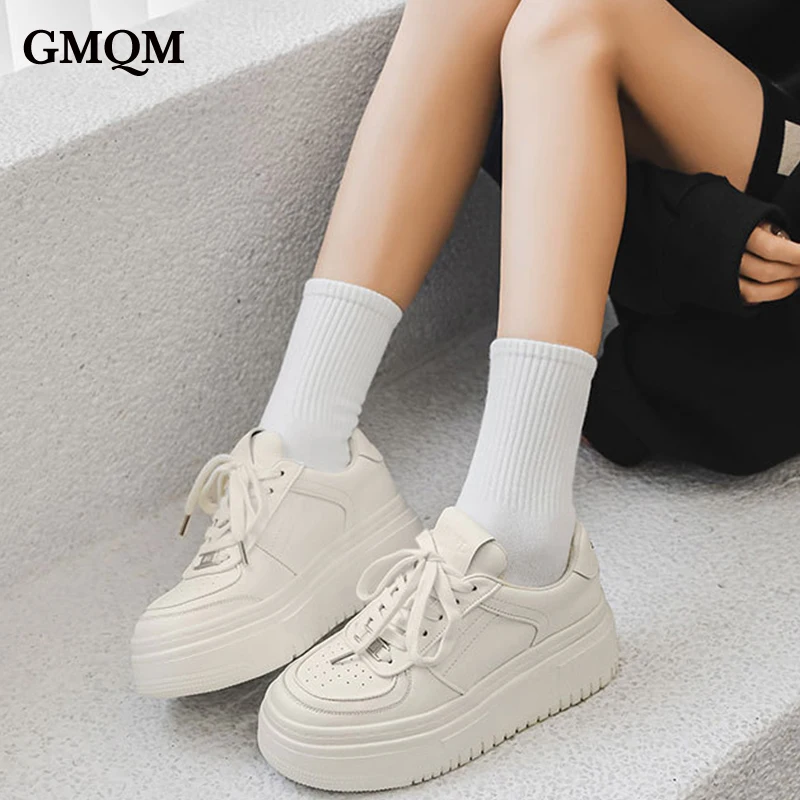 GMQM Fashion Women\'s New 2023 Genuine Leather Sneakers Classic Retro Vulcanized Shoes Low Outdoor Walking Shoes College Student