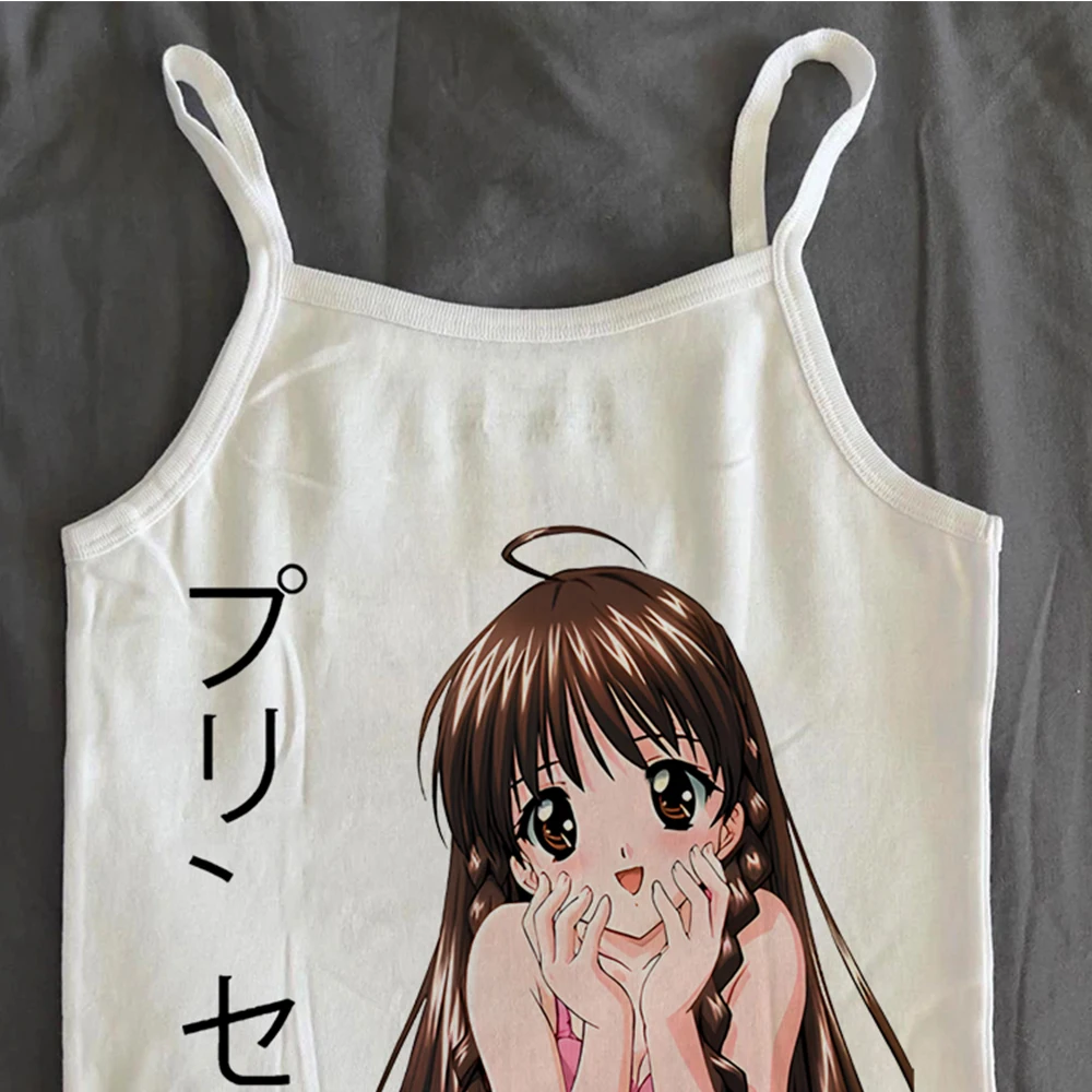 อะนิเมะการ์ตูน Y2K สไตล์ผู้หญิงสลิง Crop Tops Punk Letter พิมพ์สบายๆเสื้อน่ารัก Harajuku Vintage Gothic Streetwear