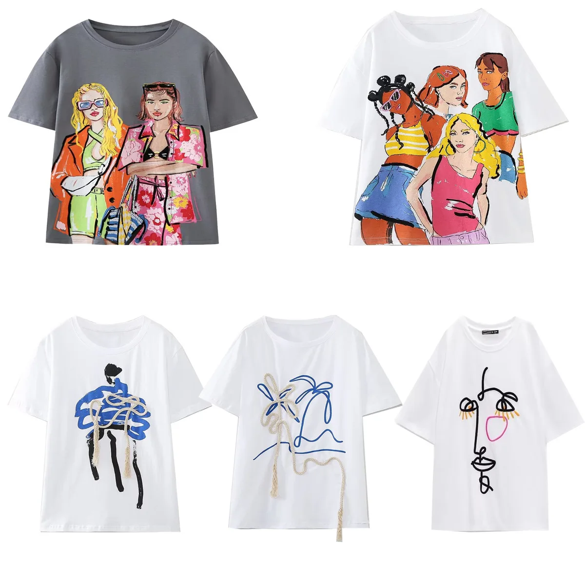 2024 New Women's Hand-Painted Girl Print T Shirt Summer Sweet O-Neck Short Sleeve Loose Cotton Pullover Tees Top