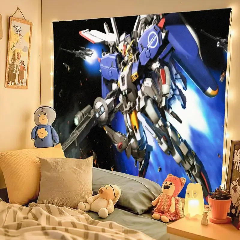 1PC Blue White Mecha Robot Gundam Space Theme Tapestry, Detailed Dynamic Scene with Light Effects, Wooden Desk Background Wall A