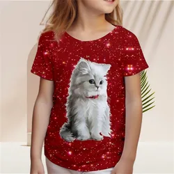 Kids Girls' T Shirt Gradient Sequins Kawaii Cat Short Sleeve O-Neck Pajamas for Children Clothes Girls from 2 to 7 Years Tee Top