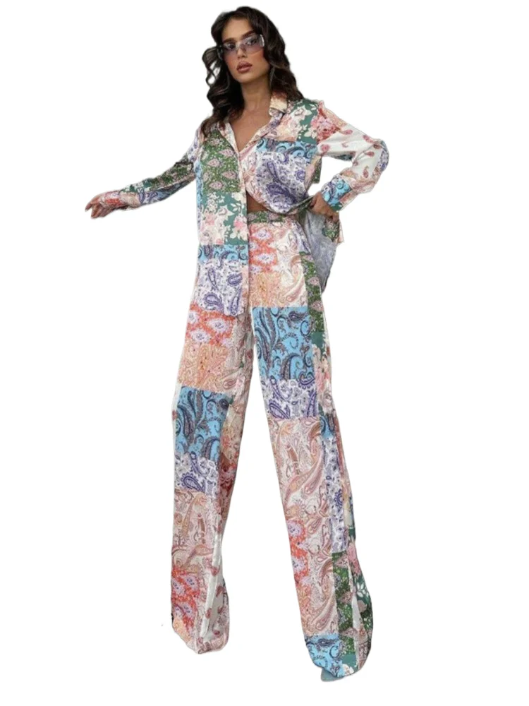 

Spring Autumn Color Print Pants Sets Women Fashion Long Sleeve Shirts Loose Wide Legs Trousers Two Piece Set Female Streetwear