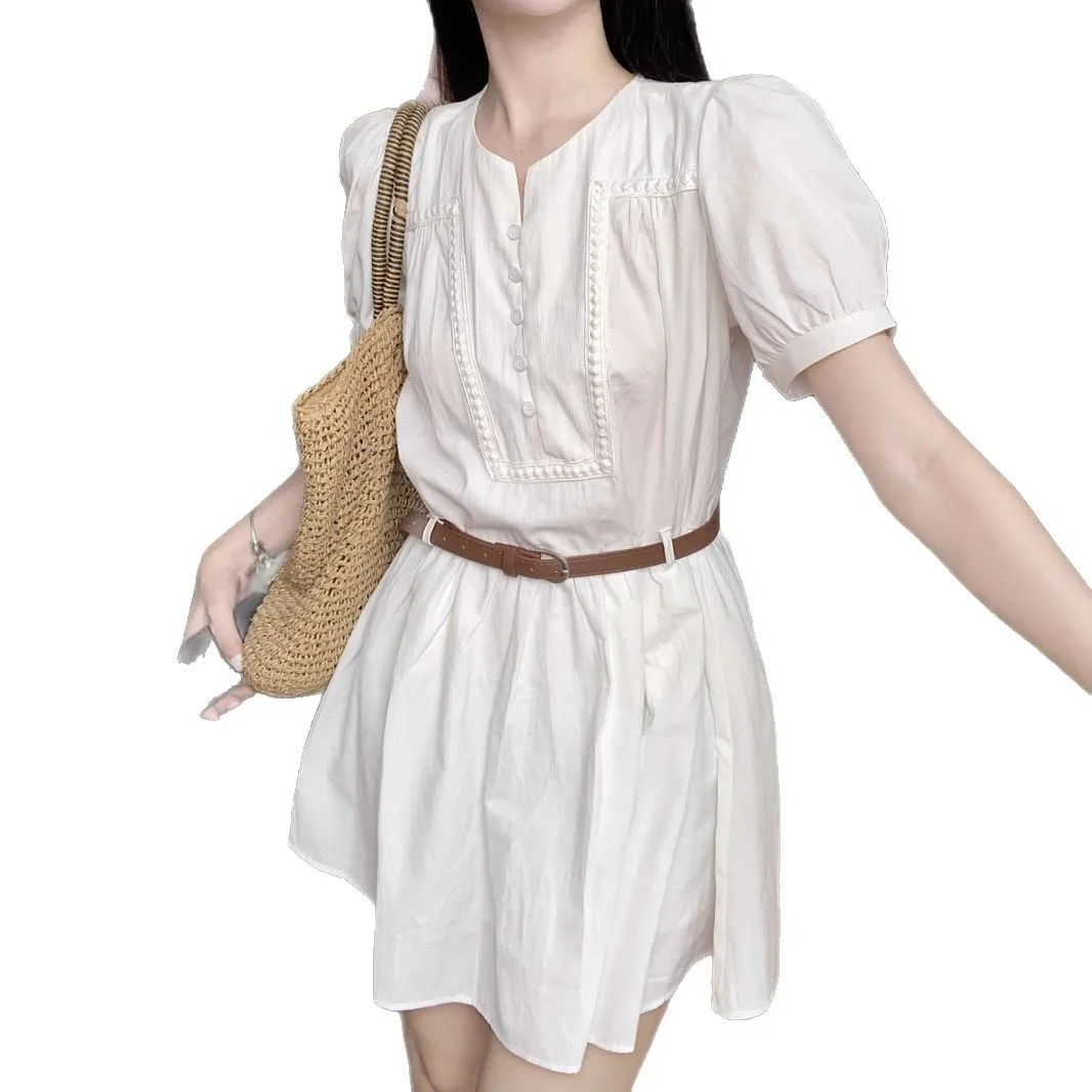 Gentle Style White Round Neck Bubble Sleeve Dress For Women's Summer, Sweet Waist Cinching And Slimming Dress