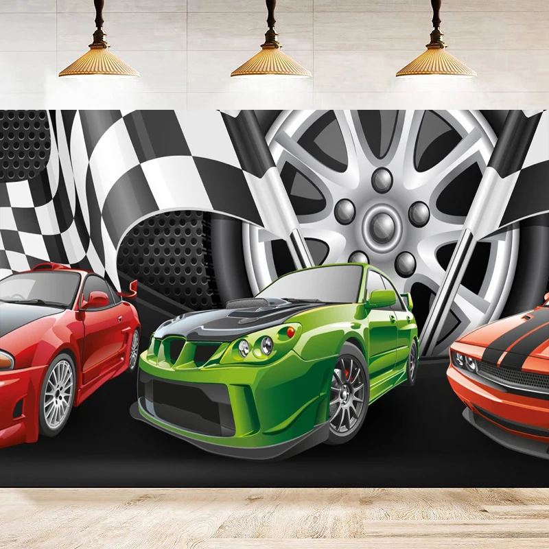 Photography Backdrop Racing Car Theme For Kid Boys Birthday Party Decoration Black White Grid Colorful Background Banner Poster