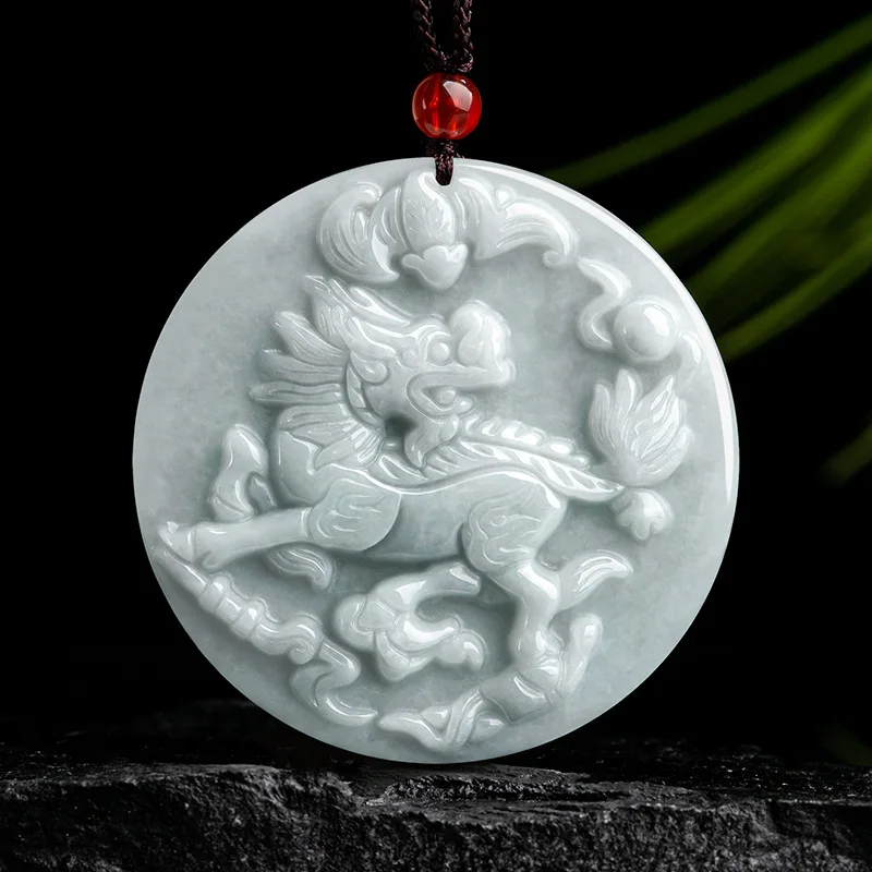 Genuine Natural Burmese Jadeite Qilin Brings Fortune Ice Jade Pendant Wealth Hanging Ornament Men's and Women's Jade Necklace
