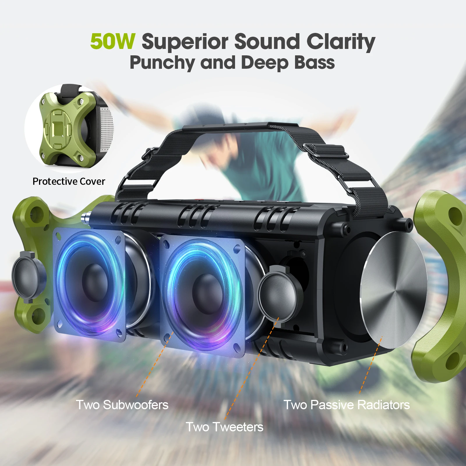 W-KING  50W RMS Bluetooth Speaker, Portable Speakers Bluetooth Wireless Loud, IPX6 Waterproof Outdoor Large Speaker