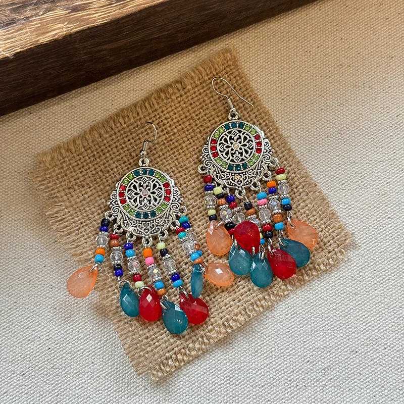 البوهيمي خمر خرز كريستالي شرابة قطرة استرخى أقراط للنساء هندسية اليدوية العرقية بيان بوهو مجوهرات الزفاف #2