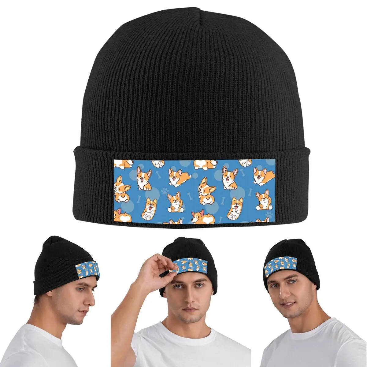 Corgi Puppy Lie Down In Blue Background Warm Knitted Cap Winter Knit Bonnet Hat Skullies Beanies Hip Hop Caps for Unisex
