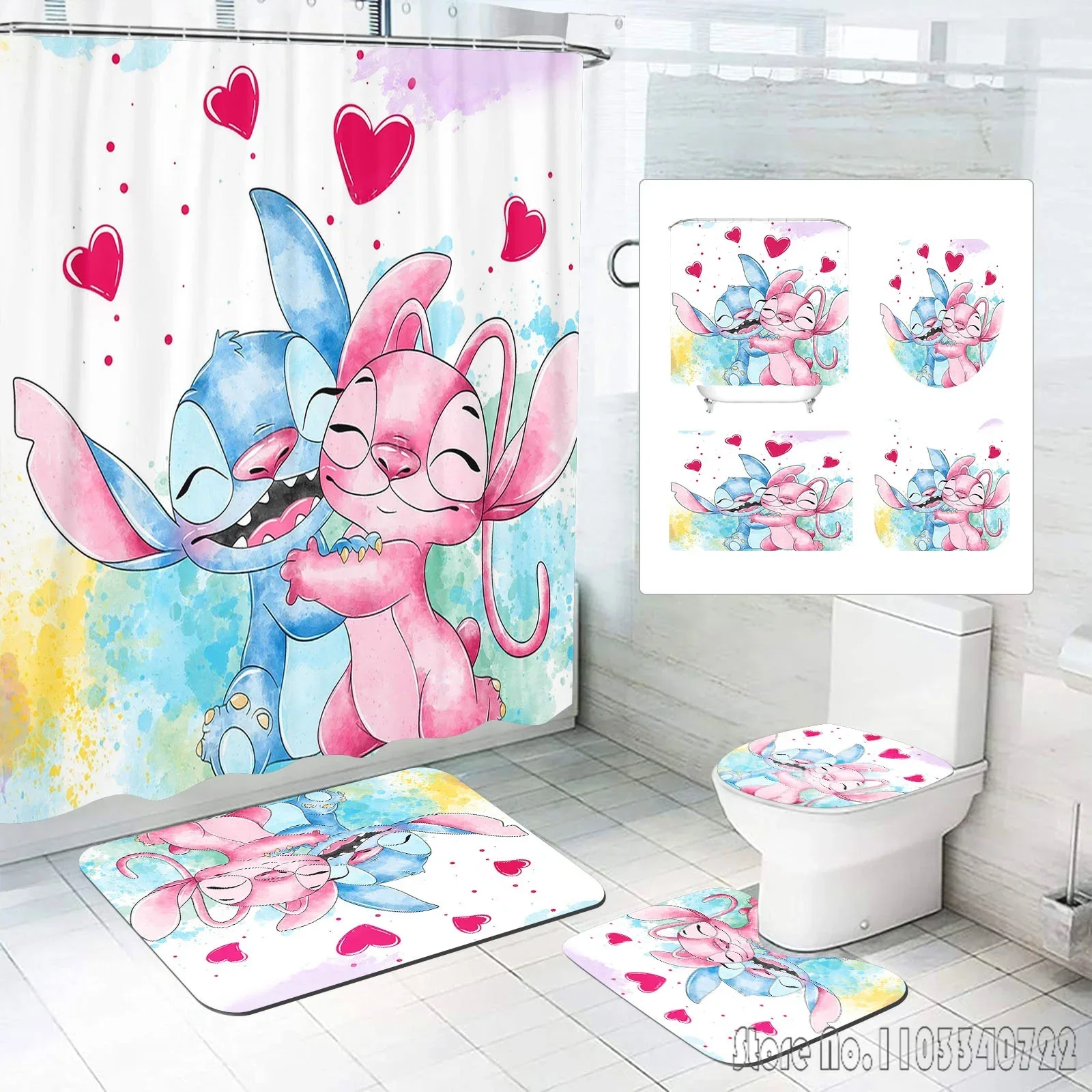  Pink Angle Stitch Bath Shower Curtain Set 4pcs with Hooks Waterproof Bathroom Toilet Mat Lid Decor