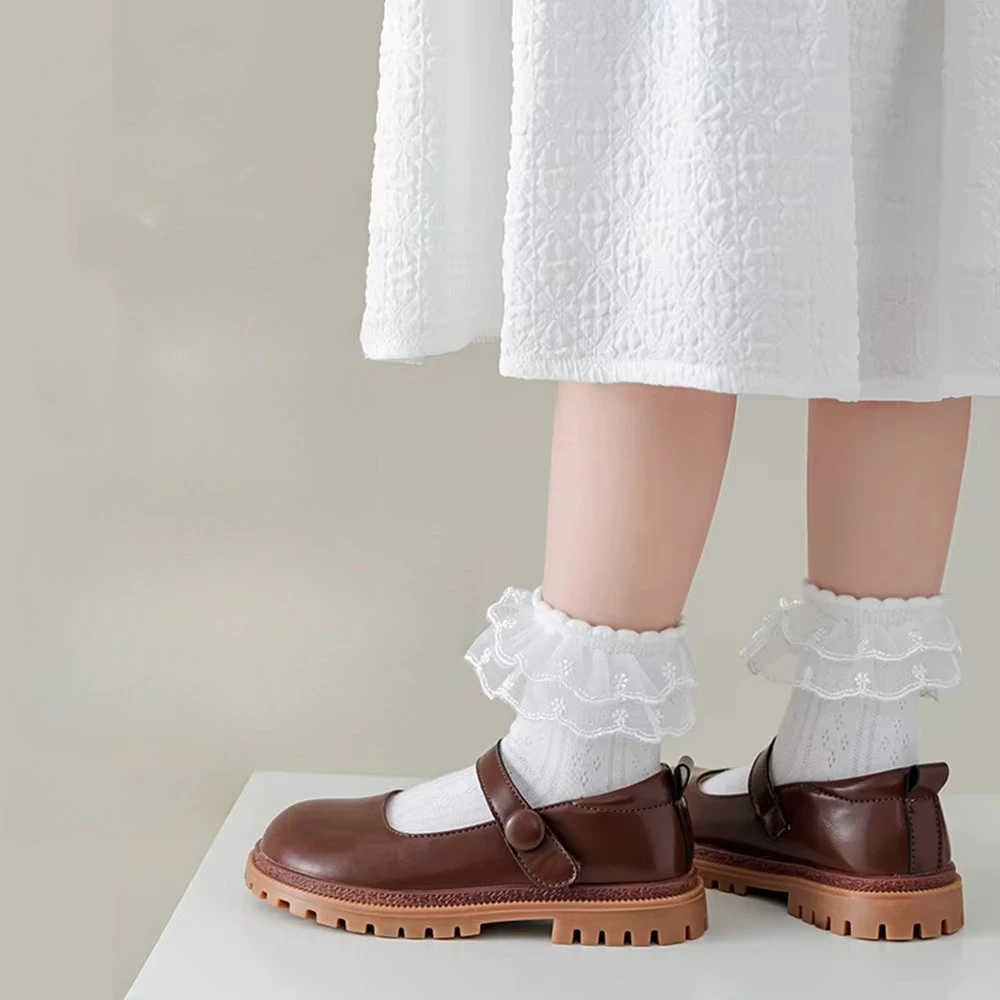 Elegant Girls Double Tier Ruffle Lace Trim Eyelet Cotton Socks, Breathable Hollow Mesh Frilly Princess Ankle Hosiery for Wedding Party Birthday Daily Outfit
