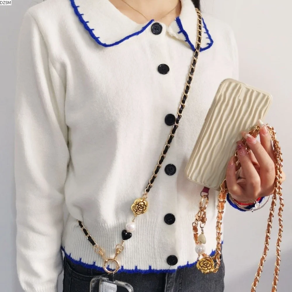 

Модный длинный ремешок для телефона с жемчугом и металлической цепочкой-камелией, для ношения через плечо, для путешествий и активного отдыха