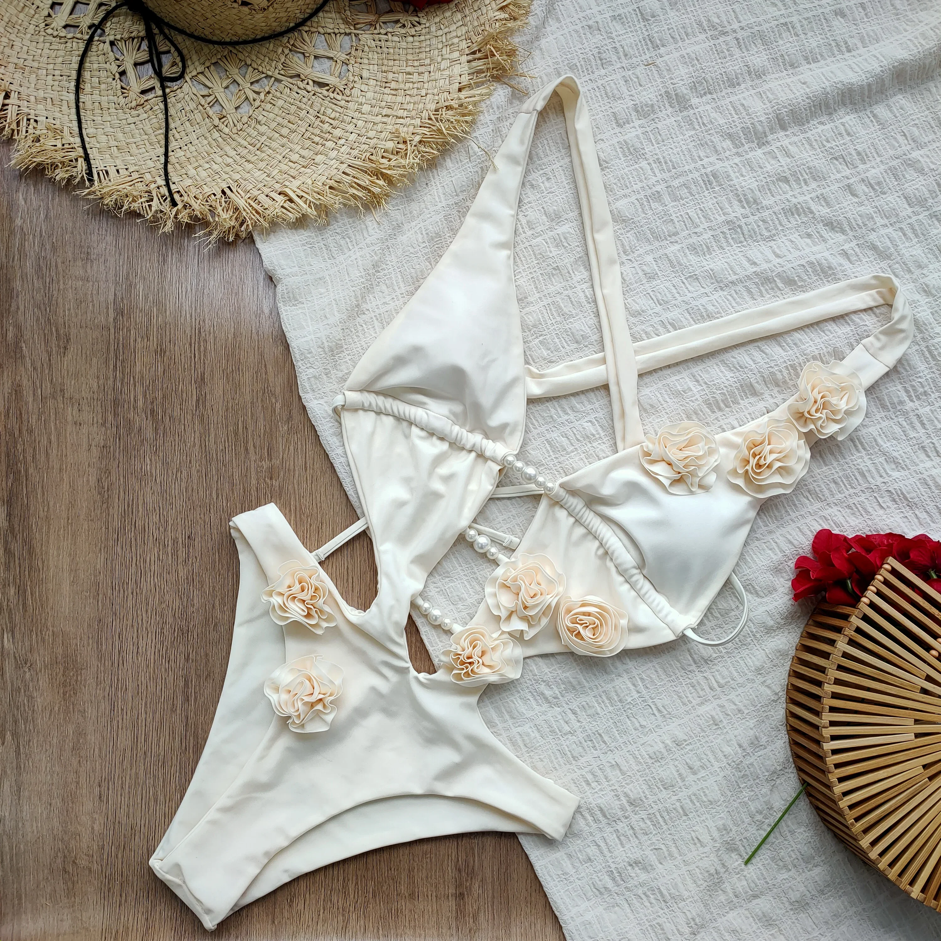 2025 New Flowers One Piece Swimsuit Women Solid Sexy Hollow Out Swimwear Summer Beachwear Bathing Suit Bodysuit
