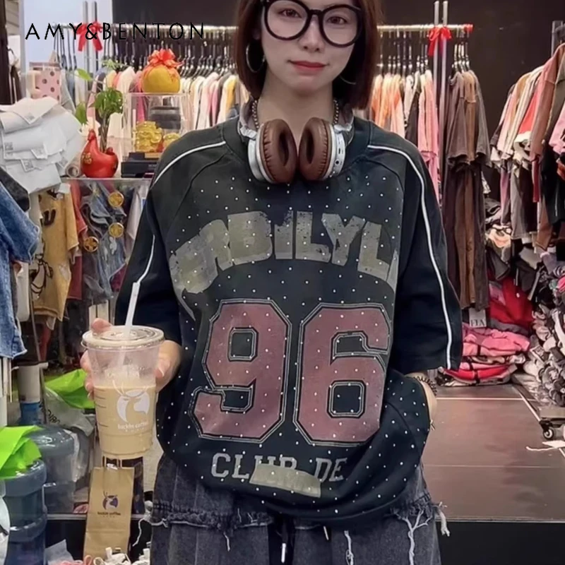 

New Special Design Rhinestone Letter Short-sleeved T-shirt Women's Trendy Brand Loose Fit Versatile Couple's Top Ins Style Tees