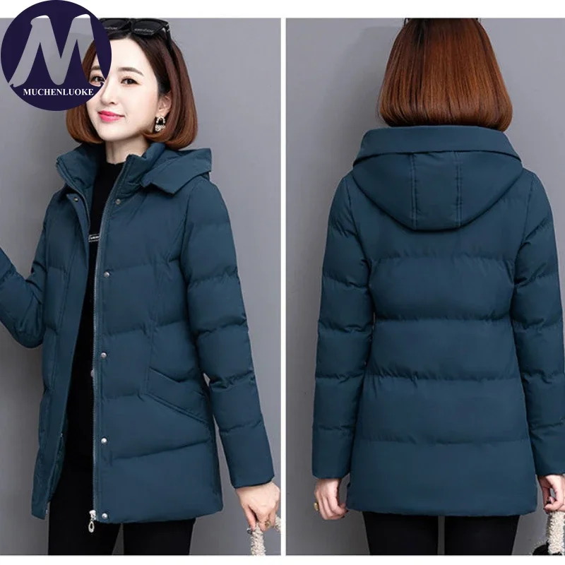 Women\'s Jacket 2024 Winter New Casual Long Sleeved Hooded Medium Length Parkas Korean Fashion Loose Thickening Warm Parkas