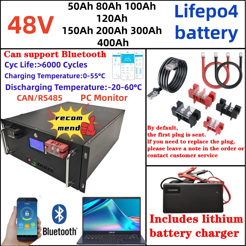 48V 51.2V 100Ah 200Ah 50Ah 60Ah 80Ah 120Ah 150Ah 300Ah 400Ah Lifepo4 Battery RS485 CAN RS232 for Solar Energy Storage Base