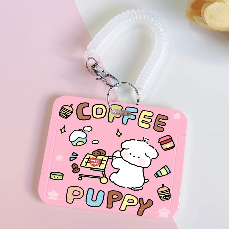 Pink Coffee Puppy Horizontal Card Holder with Retractable Spring Cord for Kpop Idol Card Collect Organizer Stationery Ect.