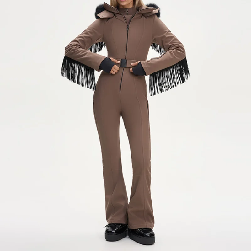 Verdickter einteiliger Skianzug für Damen, Kunstfell, mit Kapuze, Quasten, Mantel, hoher Taillengürtel, Overall, 2022, Winter, winddicht, wasserdicht, Skibekleidung – Detail 12
