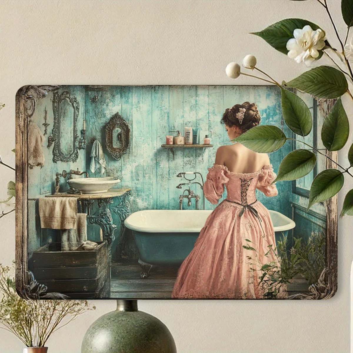 Panneau vintage, représentant une dame élégante en robe rose avec des cheveux fleuris. Décoration murale rustique pour salle de bain, maison, café et restaurant.