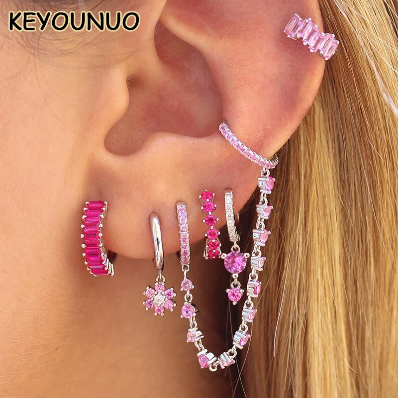 KEYOUNUO Lovely Gold Plated CZ Hoop Earrings Set For Women Pink Zircon Dangle Earrings Fashion Party Wedding Jewelry Wholesale