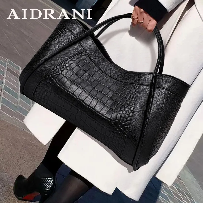 Aidrani Genuine leather new women's handbag high-capacity luxury brands crocodile pattern  soft cowhide  bag