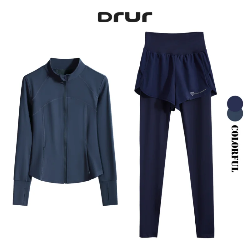 DRUR Two Piece Running Tracksuit Set With Long Sleeve Zipper Sports Jacket and Athletic High Waist Leggings Workout Yoga Outfit