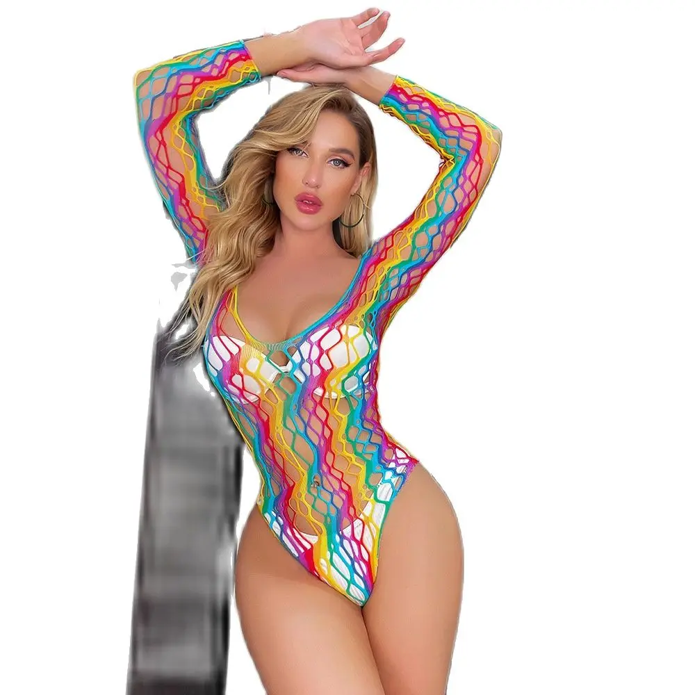 قوس قزح مخطط PlusSize شبكة صيد السمك تيدي Bodystockings الخيال مثير الملابس الداخلية المثيرة مشد داخلية للنساء كم شبكة الجوارب #6
