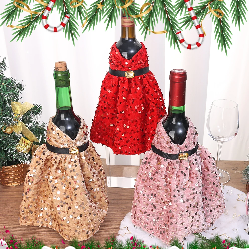 Glitter Wine Bottle Cover Red Dress Clothes Christmas Wine Bottle Bag Xmas New Year Party Dinner Table Decoration Gift Wholesale