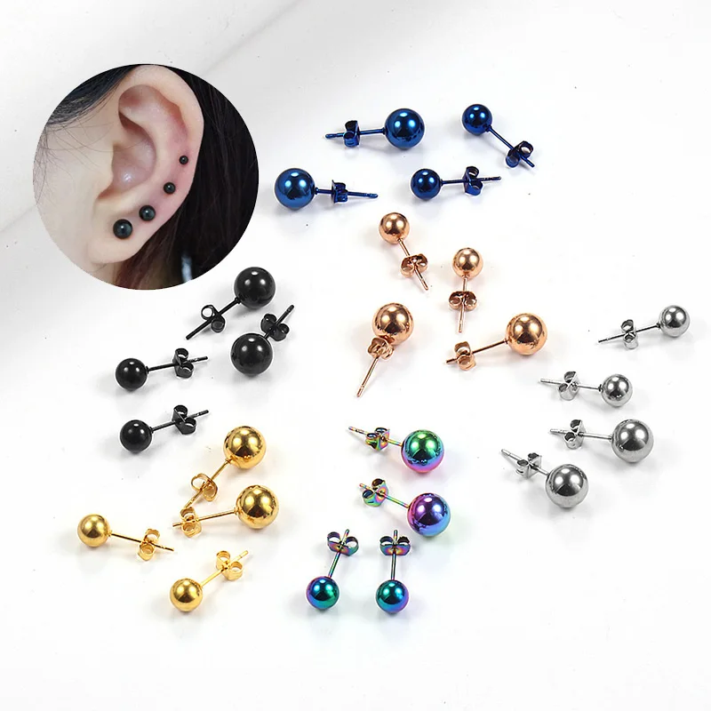 1Pair Small Round Ball Stud Earring For Women Men Stainless Steel Fine Needle Push Back Ear Studs Simple Jewelry