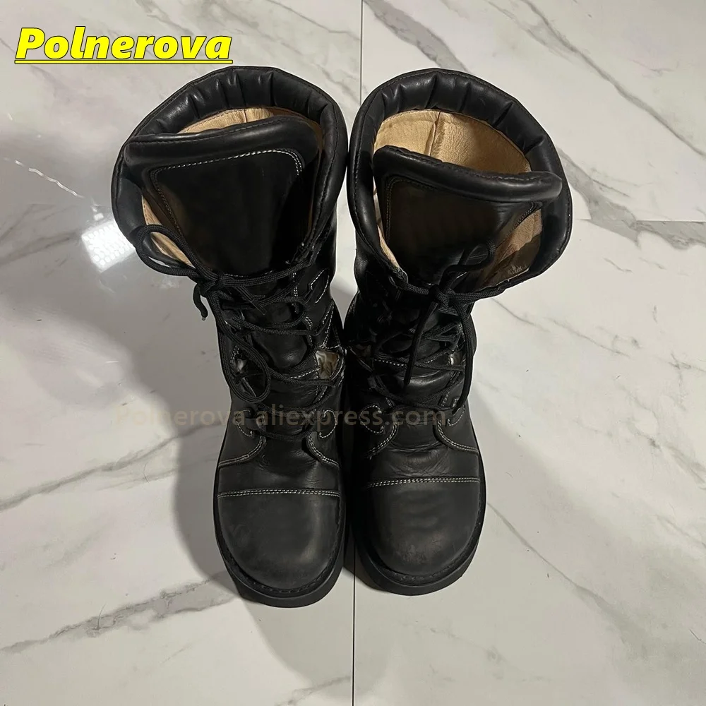 Y2K Fashion Platform Mid Calf Boots Round Toe Thick Sole Vintage Lace Up Combat Boot Street Fashion Lady Footwear 2026 New Trend