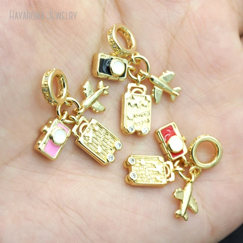 10Pcs Trunk Geometric Airplane Camera Copper Wholesale Enamel Gold Color Jewelry Metal Pendant