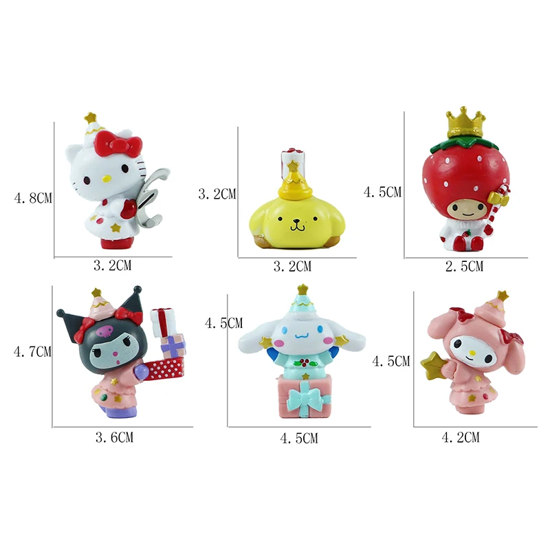 Sanrio Figuras Brinquedos para Crianças, Anime, Cinnamoroll, Kurumi, My Melody Doll, Ornamento Decorativo, Presente de Natal, Kawaii, 6 Estilos, 6Pcs