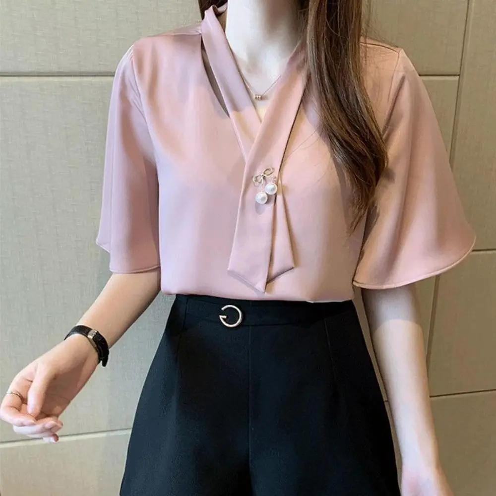 Blusa Elegante de Cor Sólida com Laço, Manga Longa Solta, Chiffon Profissional para Mulheres, Combina com Tudo, Primavera e Outono
