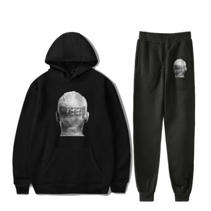 Chris Brown Breezy Merch Tracksuit Men Sets Fashion Sporting Suit Hooded Sweatshirt +Sweatpants Mens Clothing 2 Pieces Set