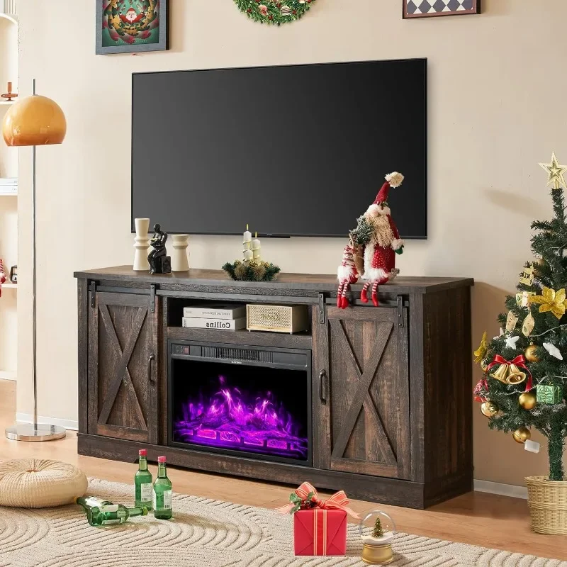 Fireplace TV Stand with Sliding Barn Door for TVs up to 73